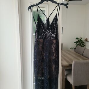 BCBGMaxAzria Black Lace & Sequin Strappy Slip Dress